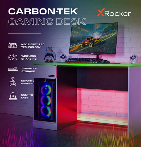 Carbon-Tek 120cm LED Gaming Desk with Wireless Charging - White RGB