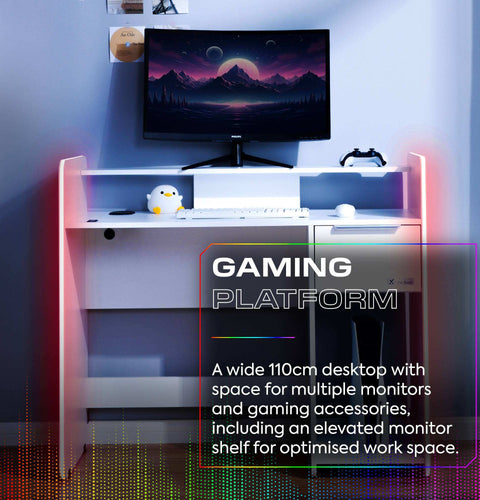 Electra 110cm RGB Gaming Desk with Wireless Charging - White