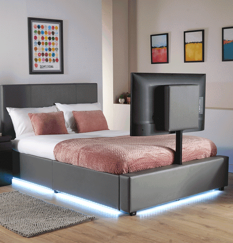 Ava Upholstered TV Bed with LED Lights - Grey (4 Sizes)