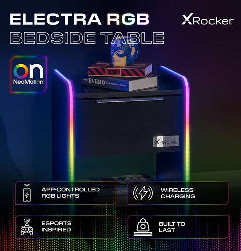 Electra LED Bedside Side Table with Wireless Charging - Black RGB