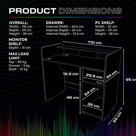 Electra 110cm RGB Gaming Desk with Wireless Charging - Black
