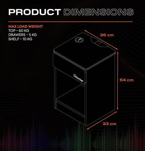 Carbon-Tek LED Bedside Side Table with Wireless Charging and Drawer - Grey / Blue RGB
