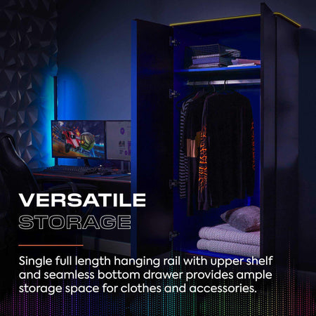 Carbon-Tek LED 2-Door Wardrobe with Drawer - Grey / Blue RGB