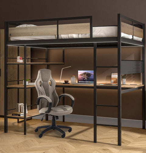 Denver LED High Sleeper Double Bunk Bed with Desk - Oak / Black RGB