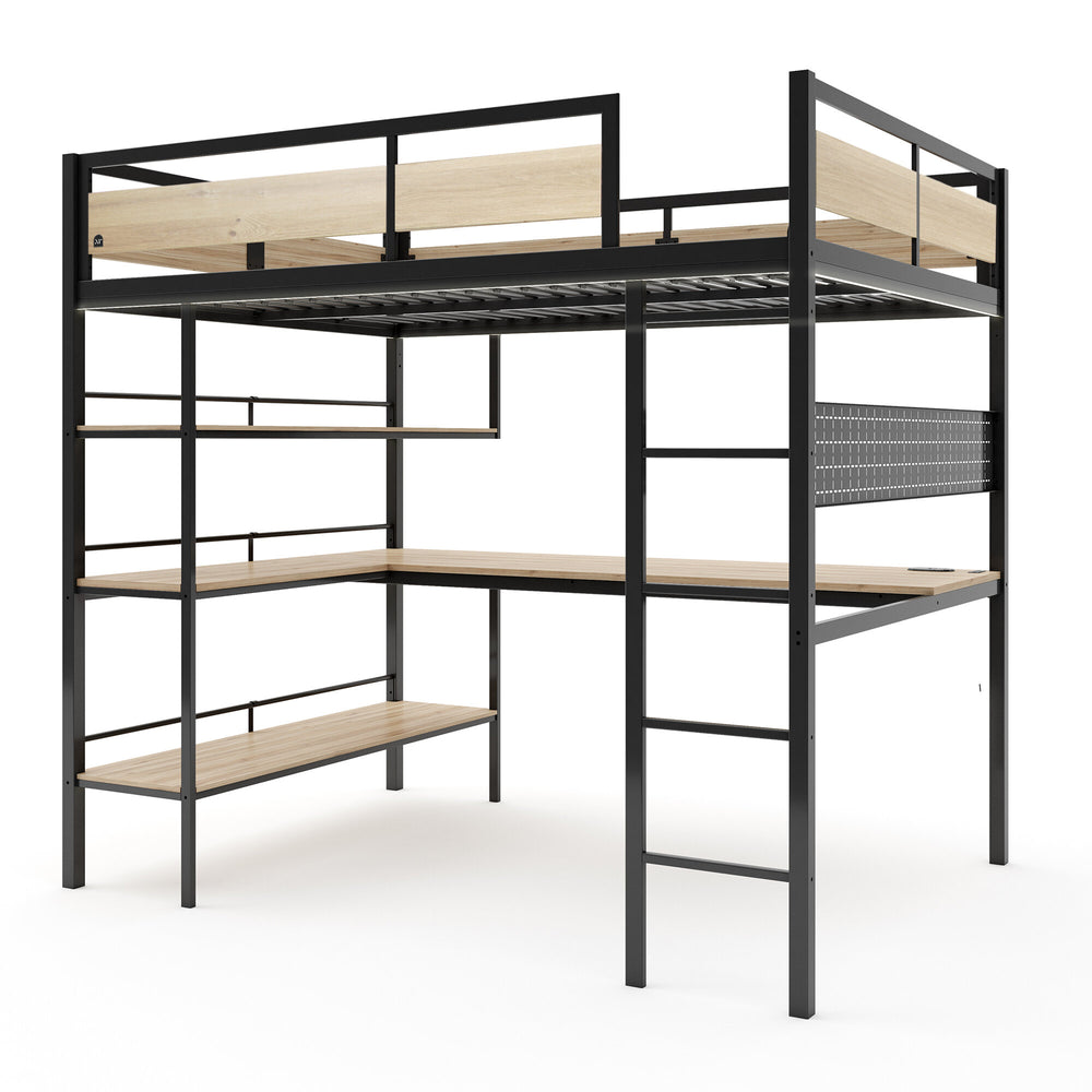 Denver LED High Sleeper Double Bunk Bed with Desk - Oak / Black RGB