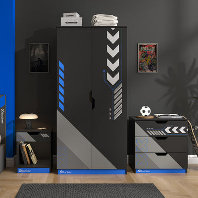 Black and gray cabinet with geometric design in a room setting