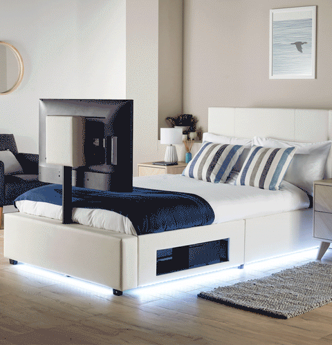 XR Living Ava TV bed n white - modern upholstered bed with a rotating TV mount, LED lighting, and hidden storage
