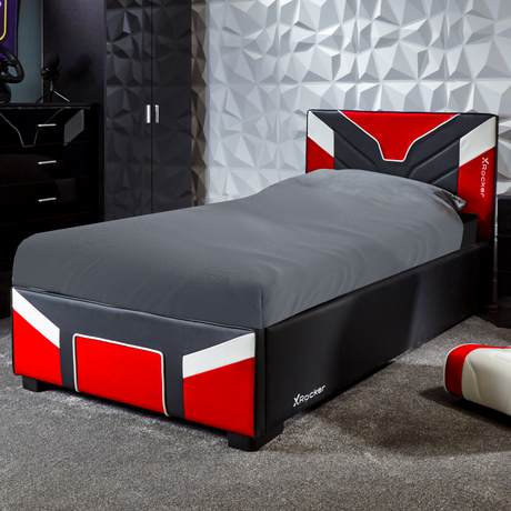 X Rocker cerberus MK11 ottoman Gaming Bed - red gaming bed with storage padded headboard, and sleek upholstered design.