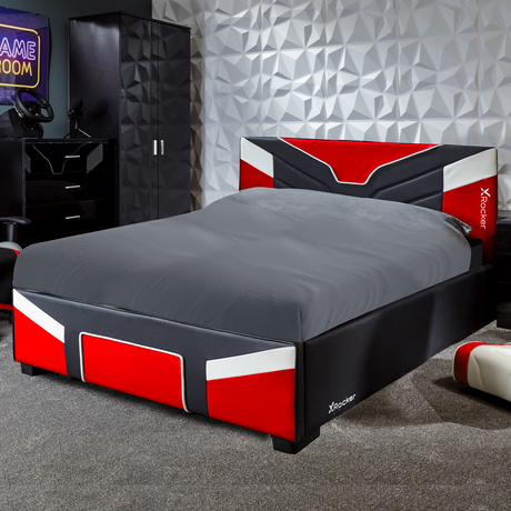 X Rocker cerberus MK11 Ottoman Gaming Bed bold red upholstered gaming bed with a lift up storage compartment