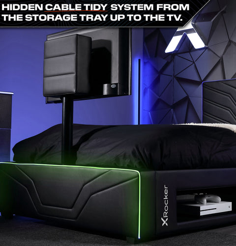 Sleek black gaming bed with RGB lighting for immersive setups
