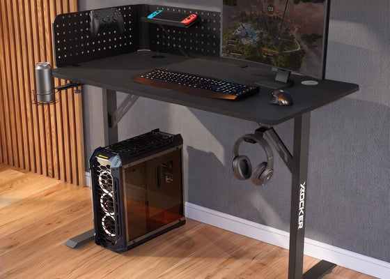 Vortex Gaming Desk with Pegboard Shelves - Black