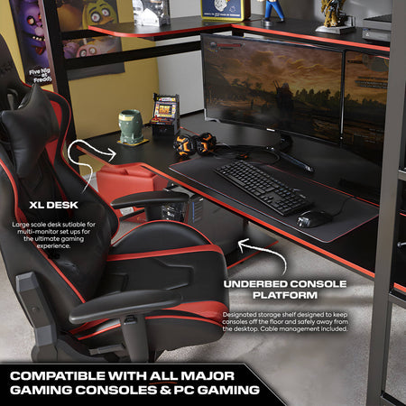 Close up of the X rocker battlebunk gaming desk featuring a spacious workstation  with a sturdy black metal frame, perfect for gaming monitors, accessories and sturdy essentials.