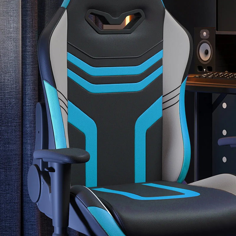 Gaming chair with blue and gray design in a room setting