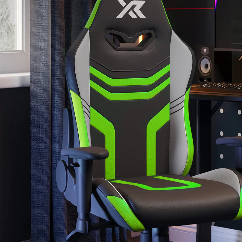 Gaming chair with green and black design in a room setting