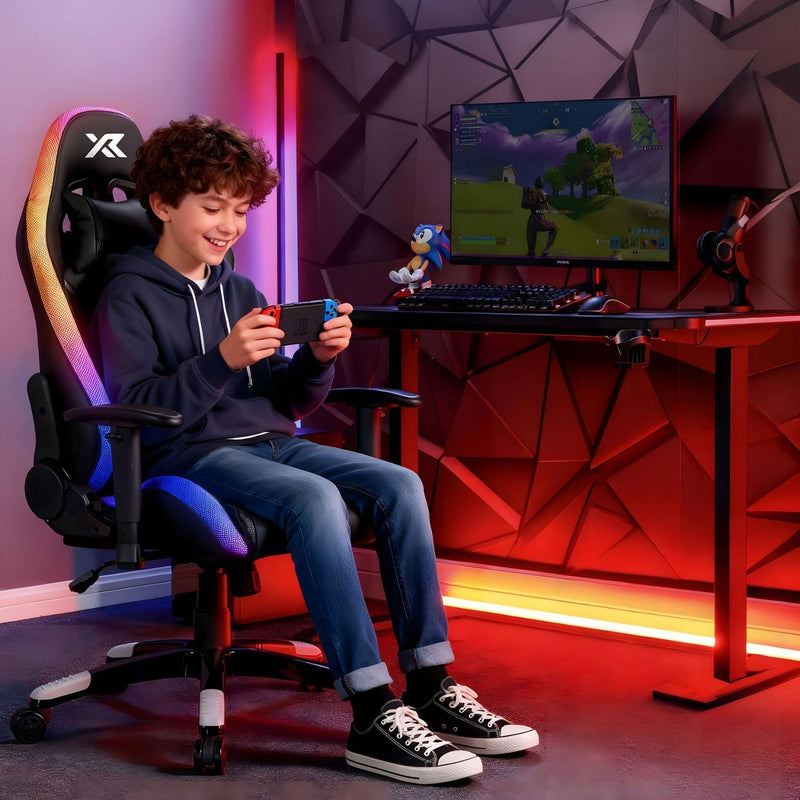 Child playing video games in a gaming setup with a chair and desk.