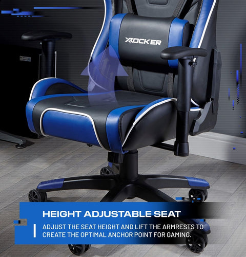 Blue and black gaming chair with height adjustable seat feature on a wooden floor.
