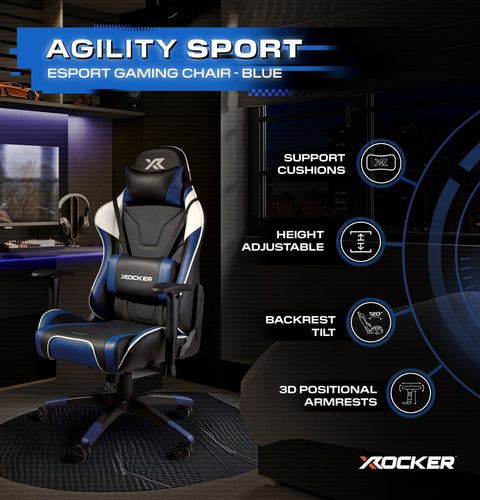 X rocker Agility Sport esports gaming chair with features highlighted on a dark background
