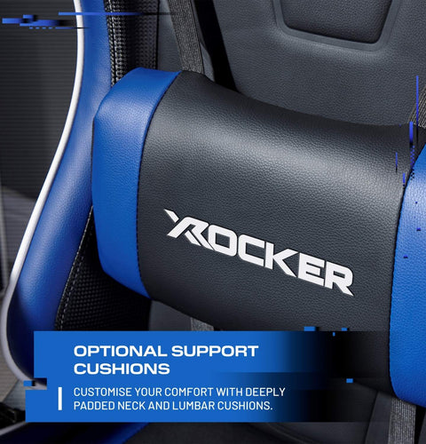 Black gaming chair with blue armrests featuring X rocker logo and text about customizable support cushions.