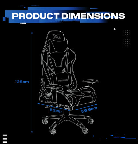 Gaming chair with dimensions labeled on a black background