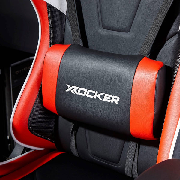 Car headrest cover with 'X rocker' branding in black and red on a Gaming Chair.
