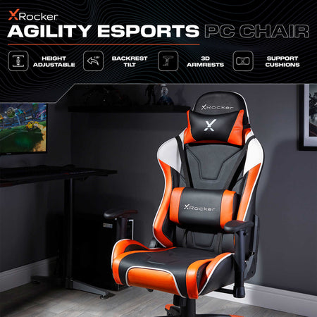 X rocker Agility esports PC chair in a gaming setup with monitor and desk.
