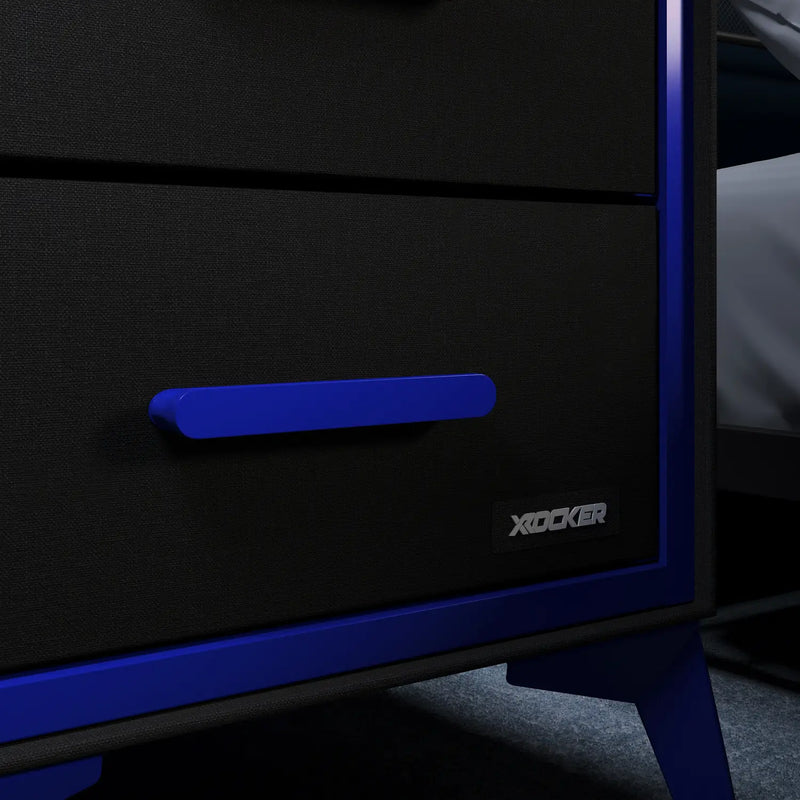 Black and blue canvas bedside with X ROCKER branding on a dark background