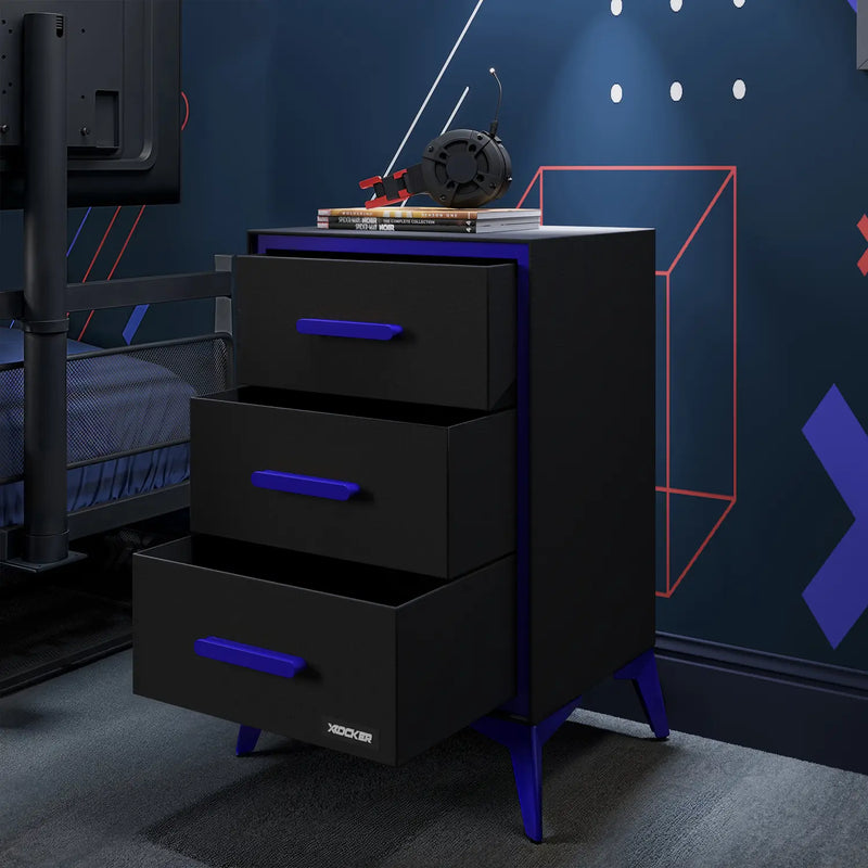 Black dresser with blue accents in a bedroom setting