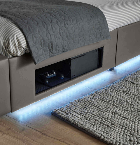 Bed with built-in storage and LED lighting