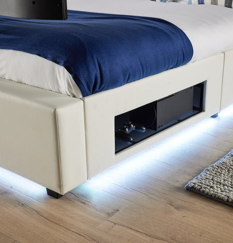Ava Upholstered TV Bed with LED Lights - White (4 Sizes)