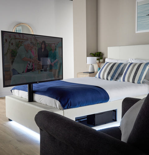 Ava Upholstered TV Bed with LED Lights - White (4 Sizes)