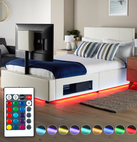 Ava Upholstered TV Bed with LED Lights - White (4 Sizes)