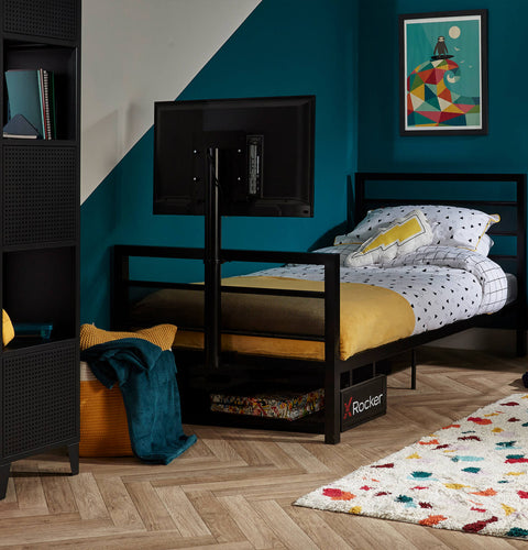Basecamp gaming bed with TV mount, designed for space-saving and immersive entertainment