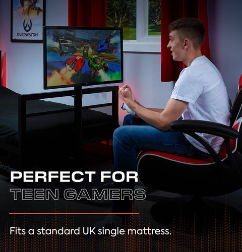 Modern gaming bed with TV mount, LED lighting, and a spacious undercarriage for console storage