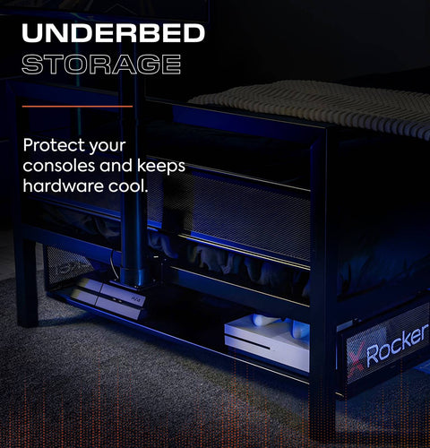 Comfortable gaming bed with TV mount in a bedroom setup, perfect for late-night gaming and movies