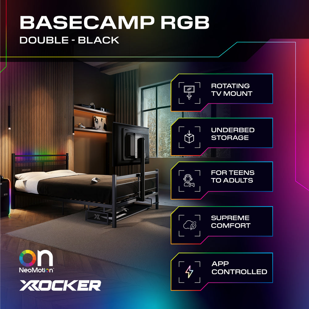 Basecamp RGB double bed with features listed on a dark background