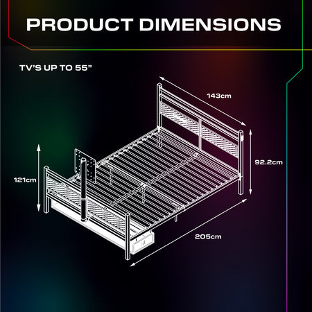 Dimensions of a metal TV stand with measurements in centimeters on a dark background.