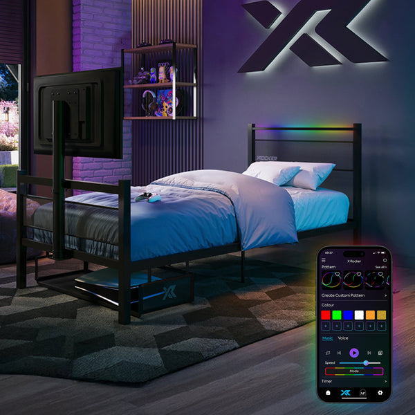 Bedroom with a bed and smartphone displaying RGB lighting control app.