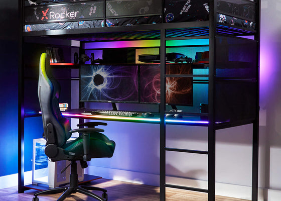 X Rocker Battlebunk RGB High Sleeper Gaming Bed with XXL desk, LED lighting, and storage shelf – perfect for gaming setups.