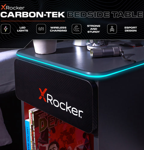 Carbon-Tek LED Bedside Side Table with Wireless Charging and Drawer - Grey / Red RGB
