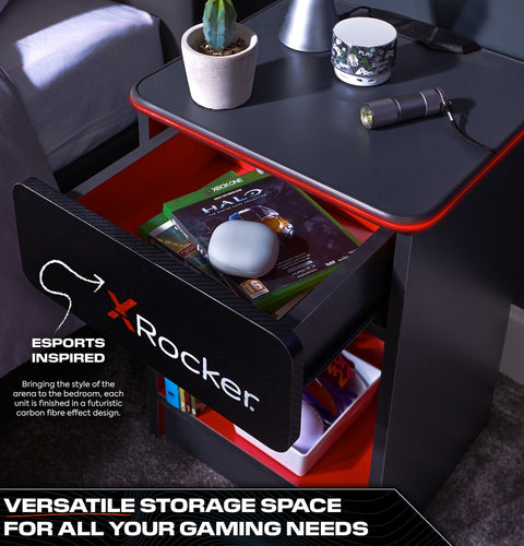 Carbon-Tek LED Bedside Side Table with Wireless Charging and Drawer - Grey / Red RGB