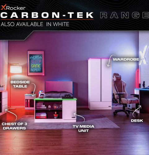 Carbon-Tek LED Bedside Side Table with Wireless Charging and Drawer - Grey / Red RGB