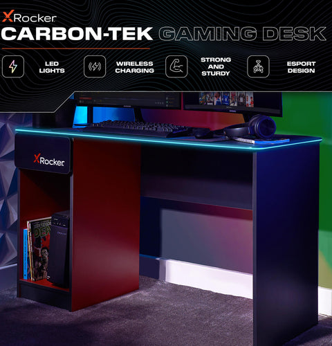 Carbon-Tek 120cm LED Gaming Desk with Wireless Charging - Grey / Red RGB