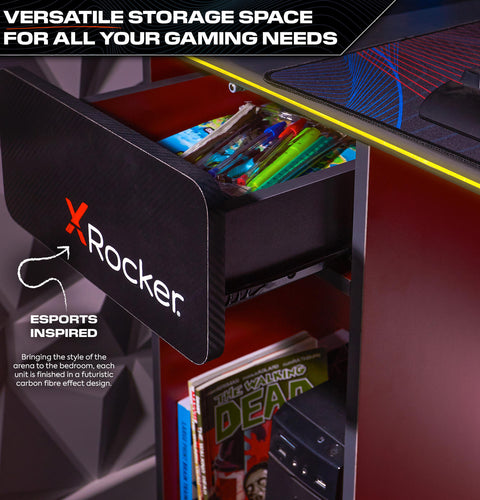 Carbon-Tek 120cm LED Gaming Desk with Wireless Charging - Grey / Red RGB