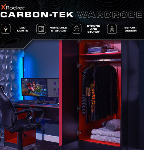 Carbon-Tek LED 2-Door Wardrobe with Drawer - Grey / Red RGB