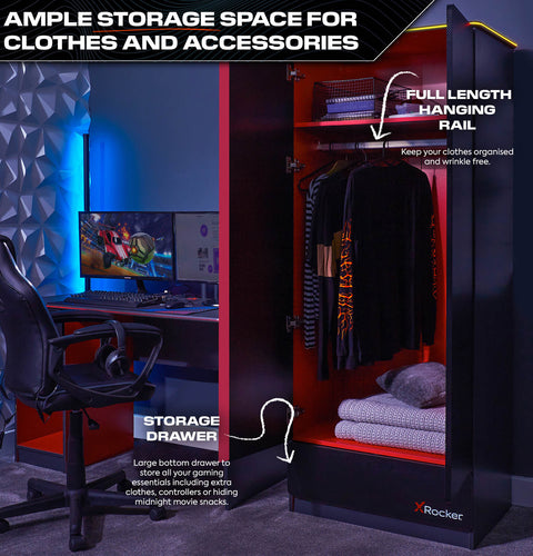 Carbon-Tek LED 2-Door Wardrobe with Drawer - Grey / Red RGB