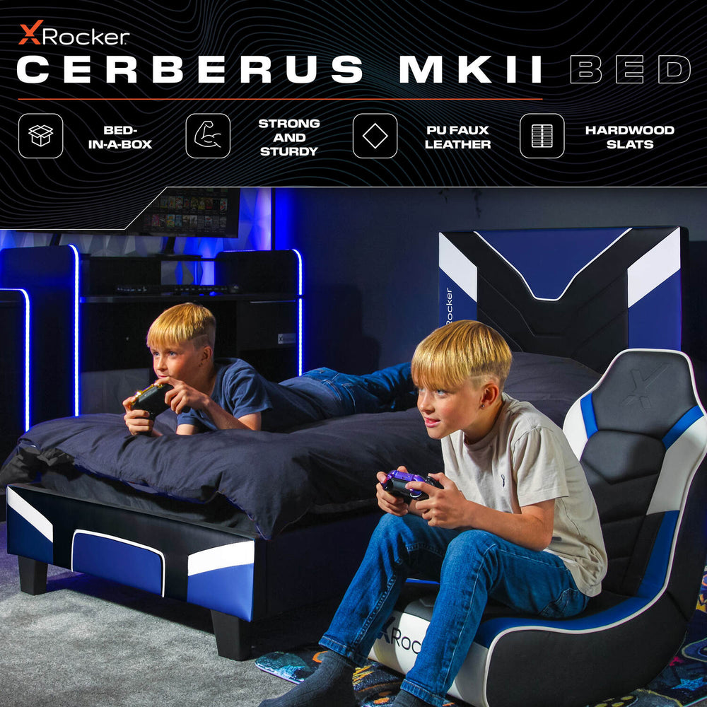 Cerberus Gaming Bed in a Box (blue) stylish space saving gaming bed with a padded headboard and sturdy frame.