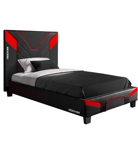 Black and red bed with X rocker branding on a white background
