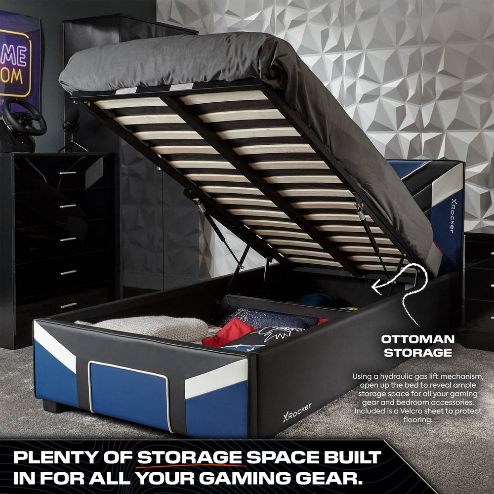 Cerberus MK11 Ottoman Gaming Bed (Blue) modern upholstered gaming bed with lift up storage for gaming accessories.