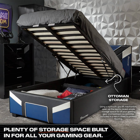 Cerberus MK11 Ottoman Gaming Bed (Blue) modern upholstered gaming bed with lift up storage for gaming accessories.