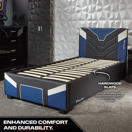 cerberus MK11 gaming bed in blue premium upholstered gaming bed with a added headboard and under bed storage solution.